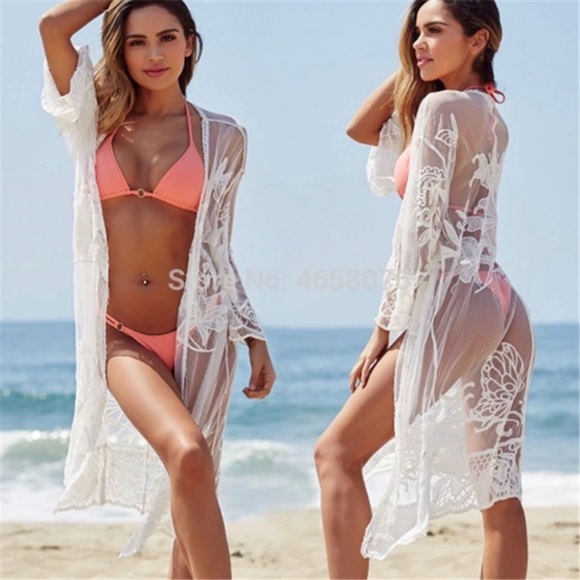 CLEARANCE White Embroidered Lace Kimono Boho Coverup - Picture 4 of 4